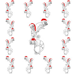  Pattern. Reptiles. Geckos in Christmas hats. Background. Stylish creative illustration for packaging, printing, banners. Trend. Cartoon character. For printing and design of advertising materials