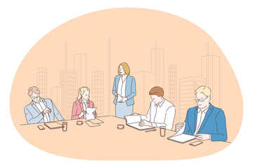 Wall Mural - Teamwork, negotiations, business presentation concept. Group of business people office workers partners cartoon characters sitting in office and listening to colleague or coach presentation 