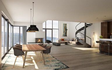 Poster - 3D rendering eines modernen Wohnraumes