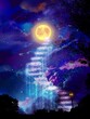 transparent stairs to bluely full moon in starry space