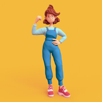 Cute casual kawaii funny smiling brunette girl in glasses wearing blue apron, red sneakers stands shows powerful muscle on her arm. Strong and energy. Minimal art style. 3d render on yellow backdrop