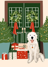 Illustration Of A Beautifully Decorated For The New Year A House Entrance With White Dog Sitting In Front