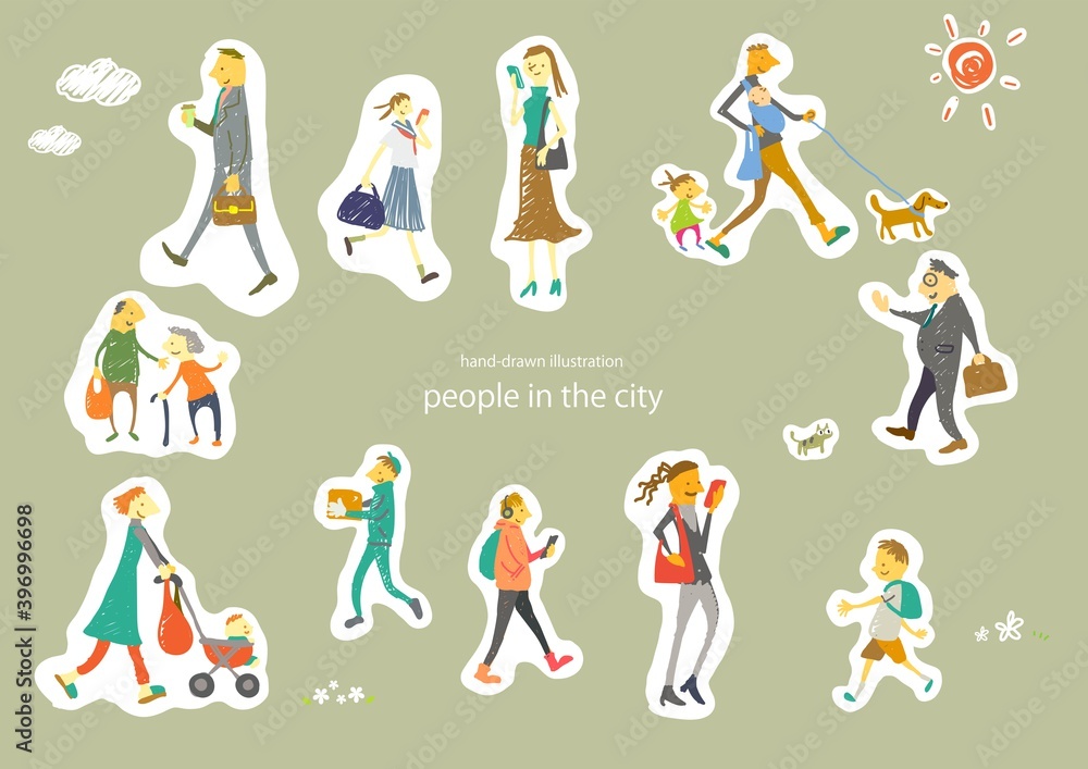 街に暮らす人々のカラフルな手描きイラスト素材セット 暮らし Wall Mural Fumika Shibata