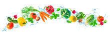 Fresh Vegetables And Water Splashes On Panoramic Background