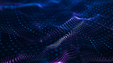 Abstract wave with moving dots. Flow of particles. Cyber technology illustration. 3d rendering