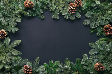 Wall Mural - christmas and new year background with fir branches on dark board