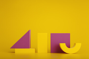 Wall Mural - Duotone abstract still life with yellow and purple geometric figures on yellow background and space for text