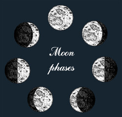 moon phases image on black background. hand drawn vector illustration of cycle from new to full moon