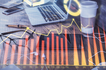 Double exposure of forex chart drawing and cell phone background. Concept of financial trading