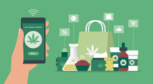Human Hand Holding Smartphone Using Mobile Application Order Cannabis Or CBD Products Online, Vector Flat Illustration