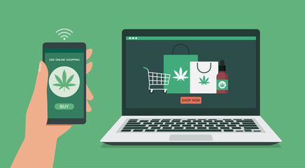 human hand using smartphone connect with laptop order cannabis or cbd product online via mobile application, vector flat illustration