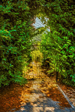 Bucolic Iron Gate Surrounded By Leafy Shrubs Lit By Summer Sunlight In Cambridge. A Beautiful And Peaceful University Town In Eastern England. Oil Paint Filter.
