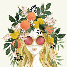 Vector Illustration Of A Girl Wearing Sunglasses And Decorating The Hair With Flowers