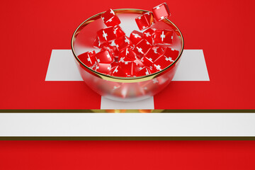 Wall Mural - 3D illustration in a beautiful transparent plate licks many identical cubes with the image of the national flag of Switzerland. 