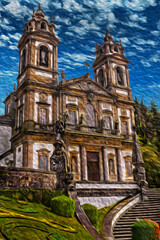 Wall Mural - Braga, Portugal – July 18, 2002. Baroque facade of church and garden at the Bom Jesus do Monte Sanctuary near Braga. A historic and important tourist attraction in norther Portugal. Oil paint filter.