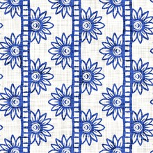 Azure Blue Block Print Flower Texture Background. Seamless White Linen Coastal Farmhouse Textile Effect. Distressed Wet Wash Batidye Ffect Style Pattern. Nautical Beach Decorative Floral Cloth Swatch