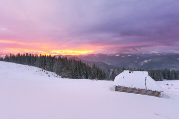 Wall Mural - winter, active vacation in the carpathians with picturesque houses and lots of snow.