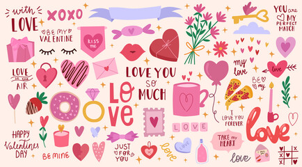 Big set for valentine's day,cute love illustration,lettering. The 14th of February. All elements are isolated.Hand drawn vector design.