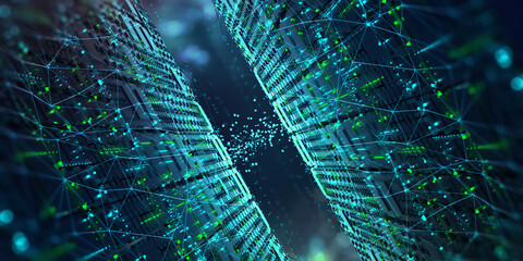 Fototapete - Digital space. Futuristic databases and artificial intelligence concept. Abstract 3D illustration of quantum megacomputer