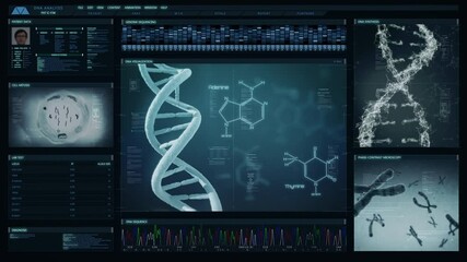 
Futuristic technological interface analyzing human DNA. Medical profile of patient showing, genome sequence, DNA visualization, cell mitosis, chromosome animation. Healthcare information.