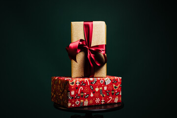 Christmas gifts on green background