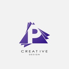 Wall Mural - Techno Triangle Letter P logo. Creative design concept triangle shape hidden letter logo icon purple color for business identity.