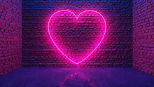 Glowing Neon Heart Shaped Like Icon On Brick Wall In Dark Room