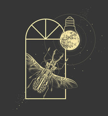 Wall Mural - Magic witchcraft window silhouette with Sabertooth Longhorn beetle and full moon like light bulb. Vector illustration