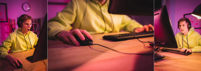 Collage of angry player in headset using computer at home, banner