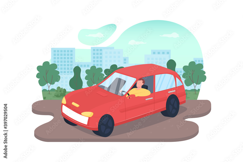 Driving car 2D vector web banner, poster. Automobile on city road. Male ...