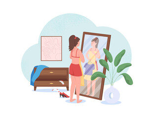 Poster - Woman choosing clothes flat color vector faceless character. Girl look in mirror. Apparel mess in wardrobe. Planning outfit at home isolated cartoon illustration for web graphic design and animation