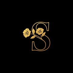 Canvas Print - Golden Nature Flower Initial Letter S logo icon, vintage luxury vector design concept outline alphabet letter with floral flowers gold color.