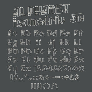 Vector 3d font. Black-white collection of letters, numbers and punctuation marks