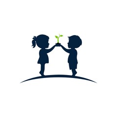 Children and plants, green kids plant care logo