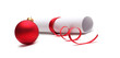 Red Christmas ball and paper scroll. Horizontal long white background.