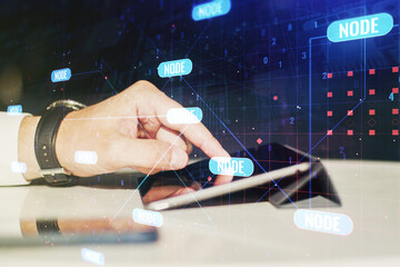 Poster - Multi exposure of abstract programming language hologram and hand working with a digital tablet on background, artificial intelligence and machine learning concept