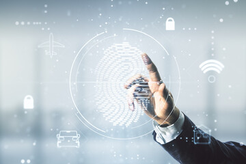 Poster - Double exposure of male hand working with virtual creative fingerprint hologram on blurred office background, protection of personal information concept