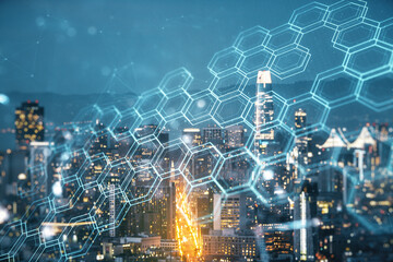 Poster - Abstract virtual wireless technology hologram with hexagon on San Francisco skyline background. Big data and database concept. Multiexposure