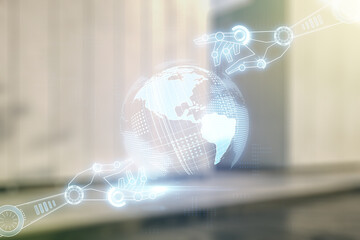 Aufkleber - Abstract virtual robotics technology hologram with globe sketch on blurry modern office building background. Robot development and automation concept. Multiexposure