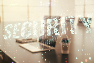 Poster - Cyber security creative concept on modern laptop background. Double exposure