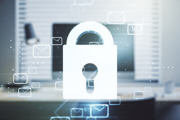 Poster - double exposure of creative lock hologram with email symbols on laptop background. information secur