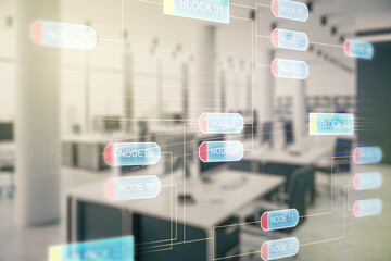 Poster - Multi exposure of abstract software development hologram on modern corporate office background, research and analytics concept