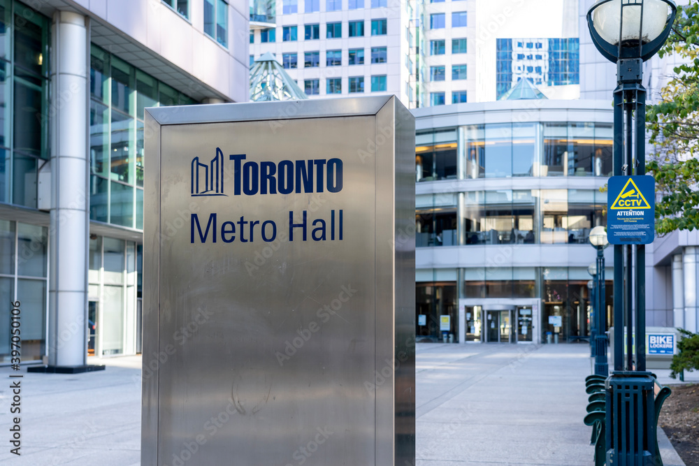 Metro Hall ground sign is seen in downtown Toronto Canada on October 13 ...