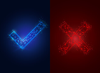 Fototapete - Wireframe of geometric checkmark polygonal design. Low poly wireframe digital vector illustration. Accepted, Approved, Yes, Right, Green, Correct. Futuristic concept on blue background.