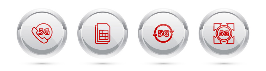 Set line Phone with 5G network, Sim card, and . Silver circle button. Vector.