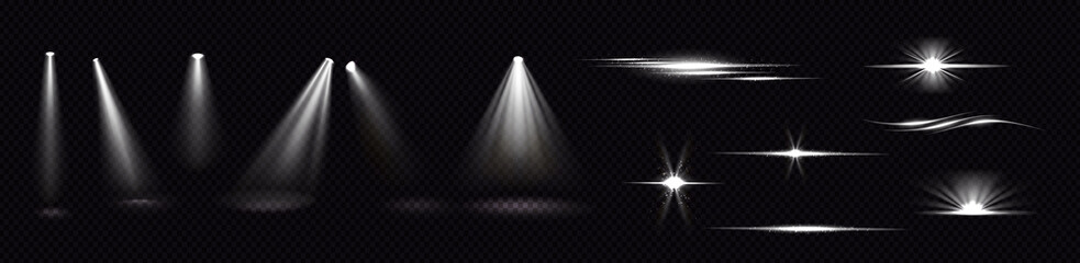 Wall Mural - Light beams from spotlights and flashes isolated on transparent background. Vector realistic set of flare effects, bright white rays and glares with sparks. Shines and flares of projector