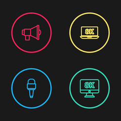 Sticker - Set line Microphone, Monitor with 8k, Laptop and Megaphone icon. Vector.