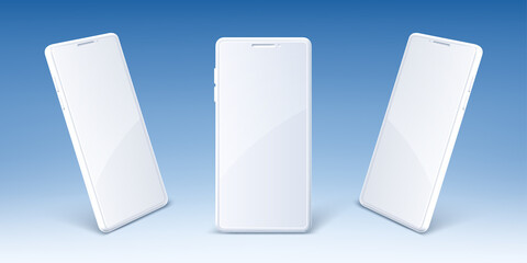 Poster - White mobile phone with blank screen in front and perspective view. Vector realistic mockup of modern smartphone. Template for presentation digital smart device, electronic gadget
