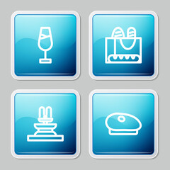 Poster - Set line Wine glass, French baguette bread, Fountain and beret icon. Vector.