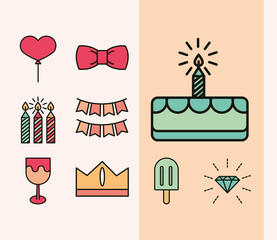 Sticker - happy birthday icons collection, cake ice cream cup candle and balloon